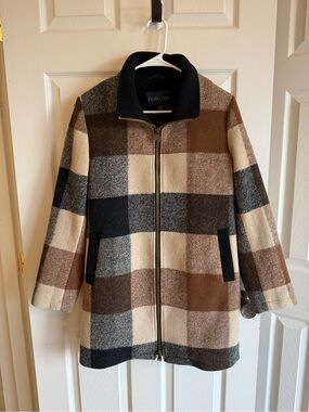 Pendleton Women's Wool Blend Fall Brown & Cream Plaid Zip-Front Peacoat S